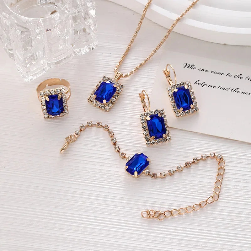 5PCS Zircon Jewelry Set Geometric Square Zircon Necklace Bracelet Ring for Women's Clavicular Chain Fashion  Jewelry Set