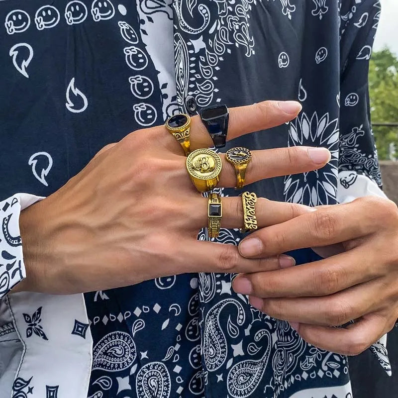 6Pcs/Set Vintage Silver Color Skeleton Skull Rings Set For Men Women Punk Gothic Metal Geometric Knuckle Ring Jewelry Anillos