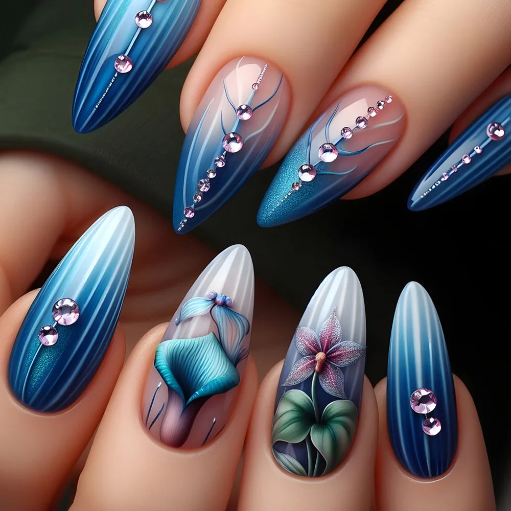 24Pcs Almond Head Press on Nails Fashionable Nail Art Colorful Gradient Flowers False Nails Dreamy Summer Nails Fun Fake Nail