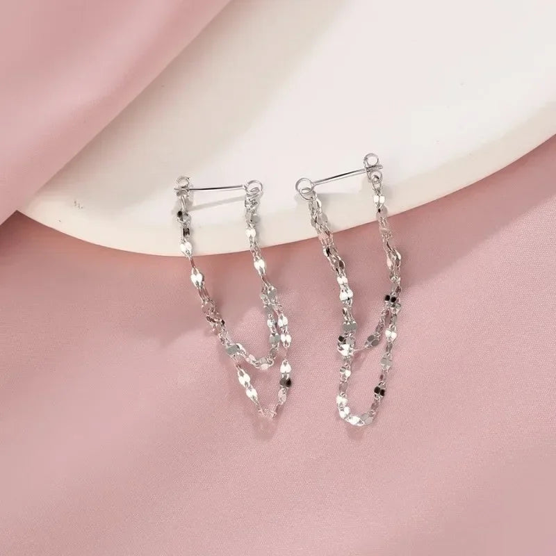 925 Sterling Silver Double Layered Tassel Earrings Long Sparkling Chain Earrings Summer Exquisite and Fashionable Party Jewelry