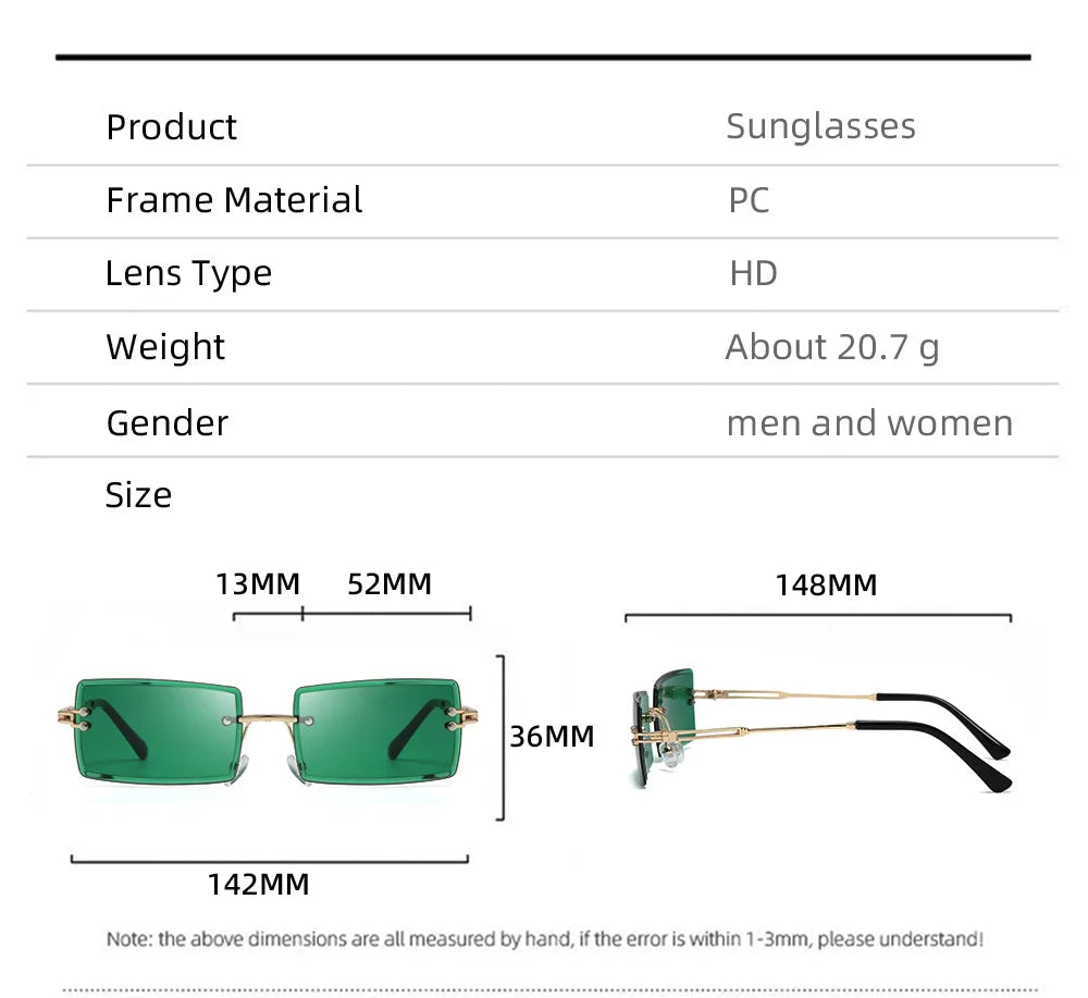 Fashion Rimless Sunglasses Solid Green Ocean Lens Eyewear Women Street Shooting Catwalk Glasses Vintage Brand Beach Sun Glasses