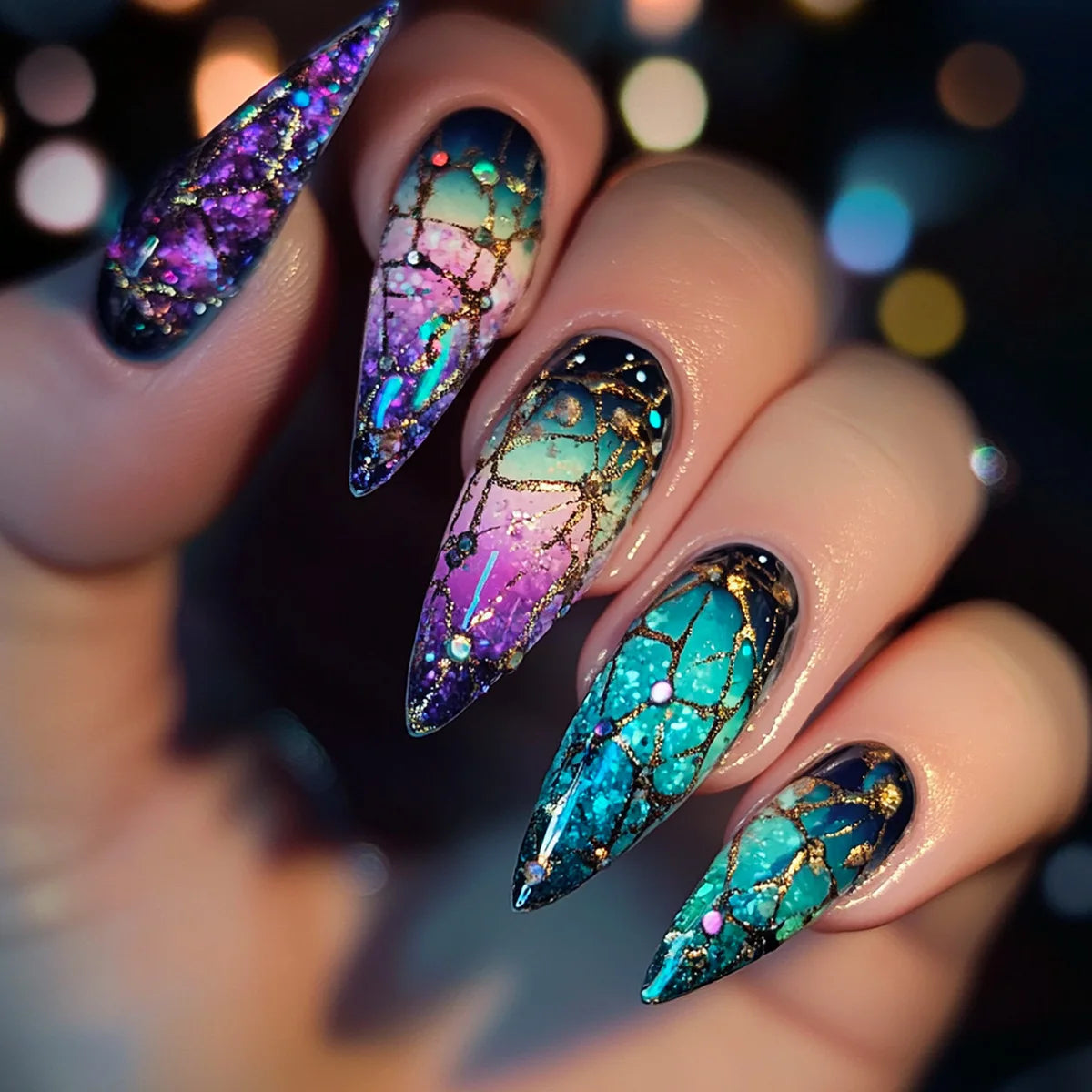24Pcs Almond Head Press on Nails Fashionable Nail Art Colorful Gradient Flowers False Nails Dreamy Summer Nails Fun Fake Nail
