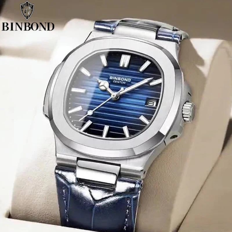 BINBOND Top Luxury Square Man Watch Date Waterproof Luminous Watch High Quality Leather Quartz Men's Watches Relogio Masculino
