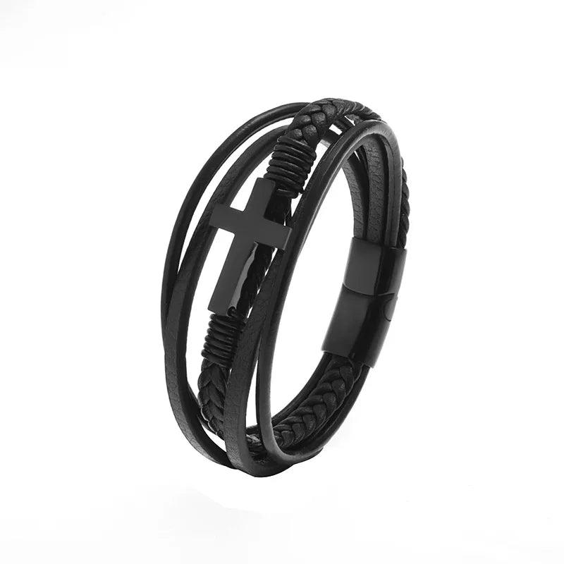 Vintage Hand Woven Eco-Friendly Leather Cross Bracelet with Magnetic Clasp Men\'s Fashion Pendant Religious Amulet Jewelry