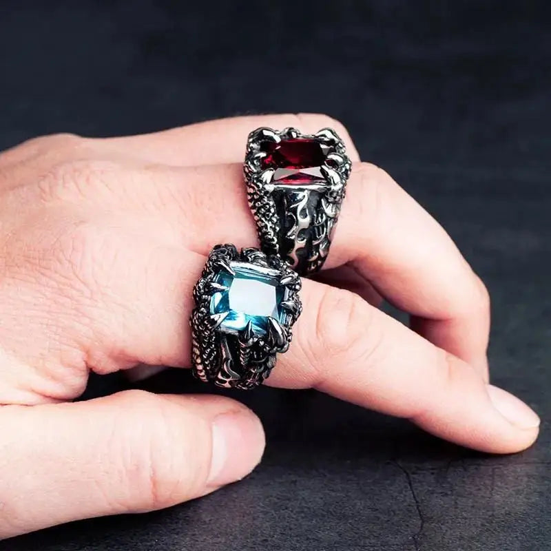 Gothic Blue and Red Crystal Evil Demon Dragon Claw Ring for Men Gram Biker Punk Rock Hip Hop Cool Jewelry Accessories