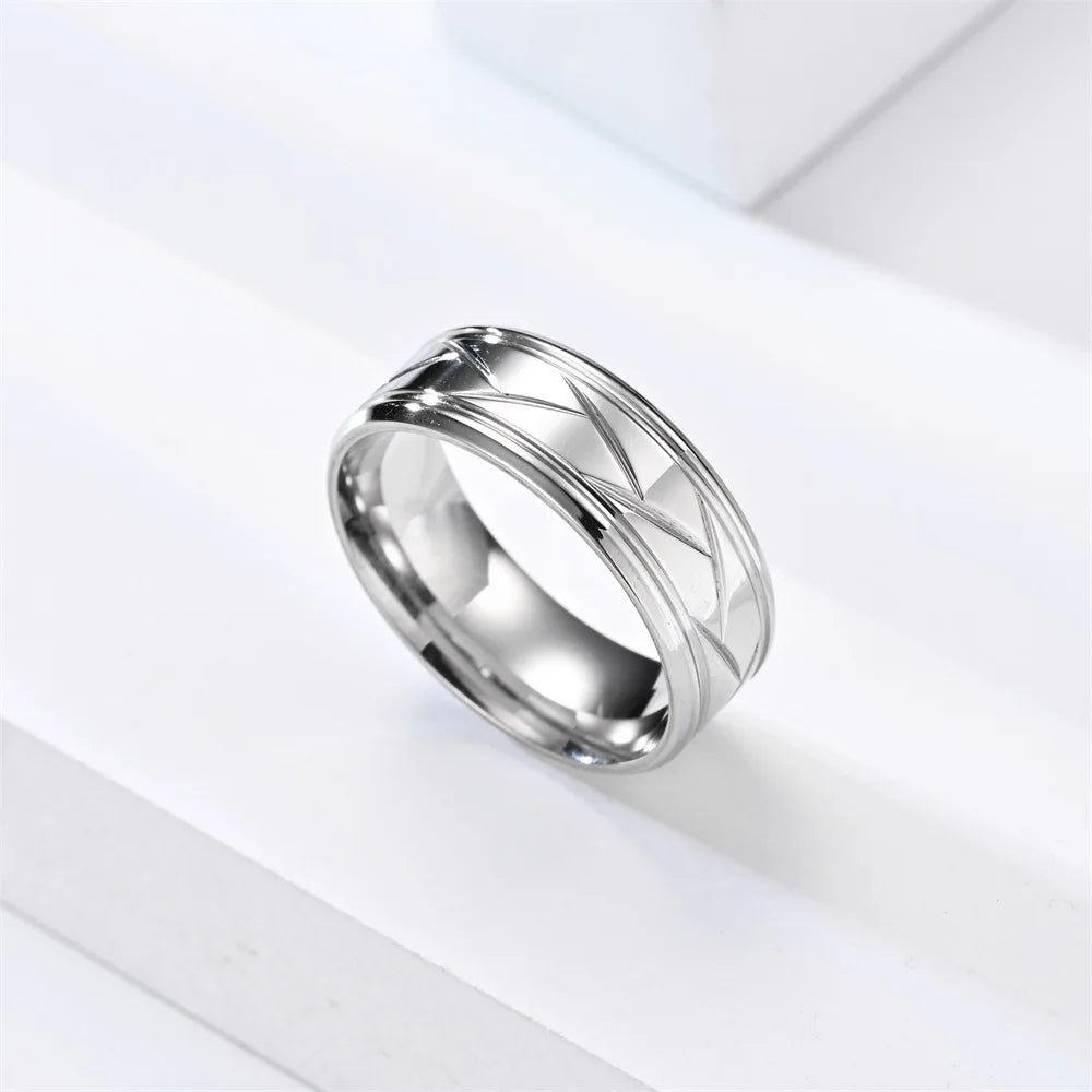 Fashion Men’s Silver Color Black Stainless Steel Ring Groove Multi-Faceted Ring for Men Women Engagement Ring Anniversary Gifts