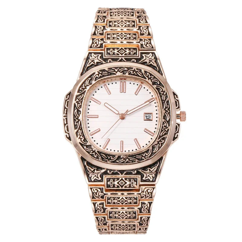 Fashion Luxury Brand High Quality Men Quartz Watches Vintage Flower Pattern Carving Wristwatch Full Stainless Steel Relogio Saat