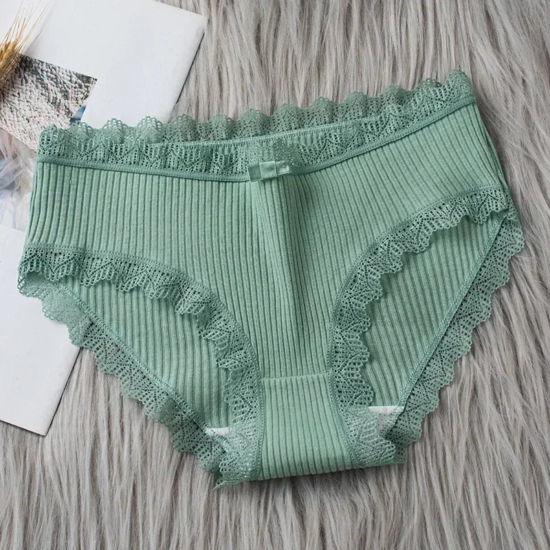 Casual Cotton Panties for Women Lace Mid Waist Underwear Threaded Brief Solid Color Skin Friendly Ladies Underpants Breathable