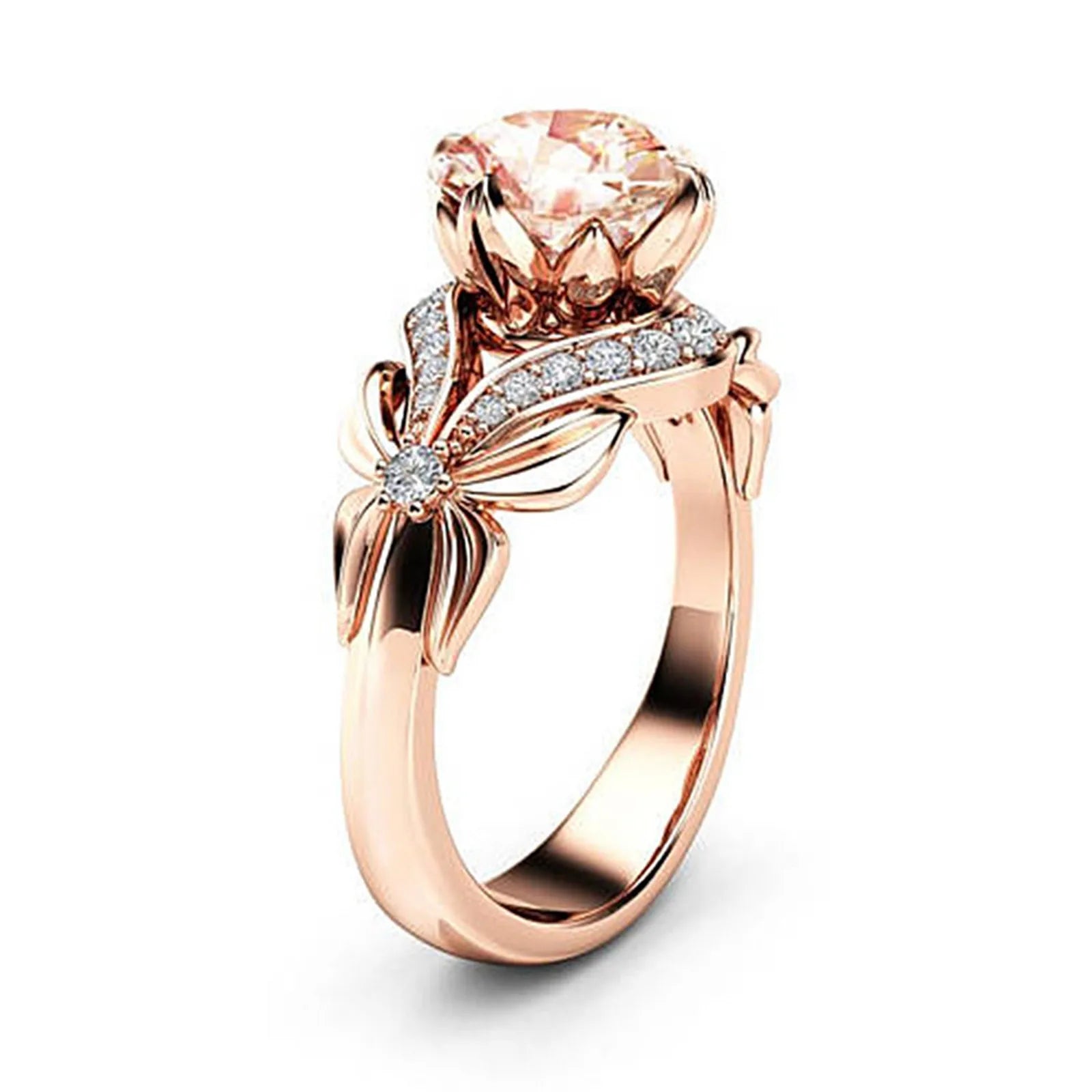 Dazzling Rose Gold Color Metal Flower Round Rose Stone Ring Luxury Party Engagement Wedding Rings for Women Jewelry