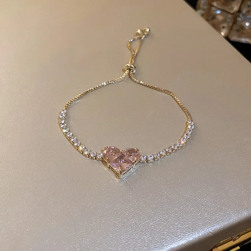 Inlaid Square Zircon Rhinestone Chain Bracelet For Women White Pink Love Heart Bracelets Bangles Wristband Jewelry Gift For Girl