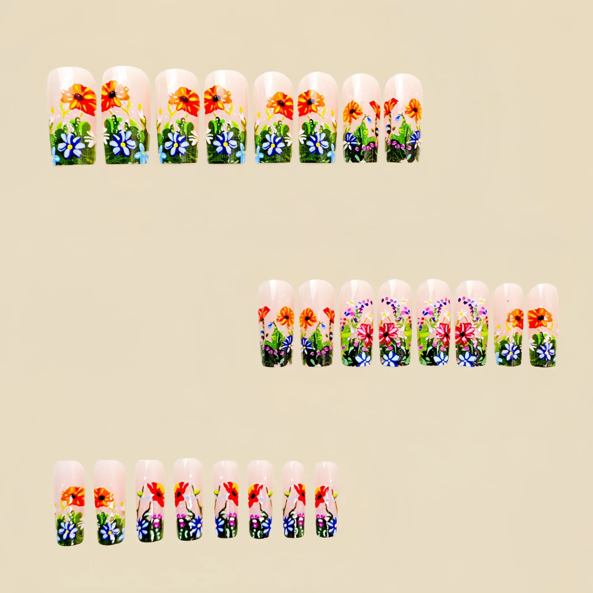 24pcs Mini Flower Press on Nails with Glue Painting Floral Acrylic Fake Nails Spring Design Short Square False Nails for Girls