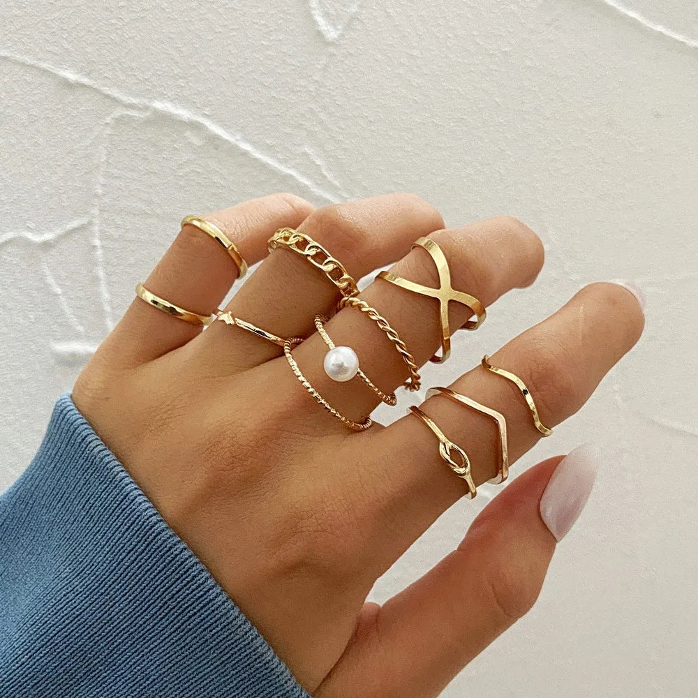 Vintage Korean Gold Silver Color Pearl Rings Set Jewelry For  Girls Butterfly Hollow Heart  Ring For Women Accessories