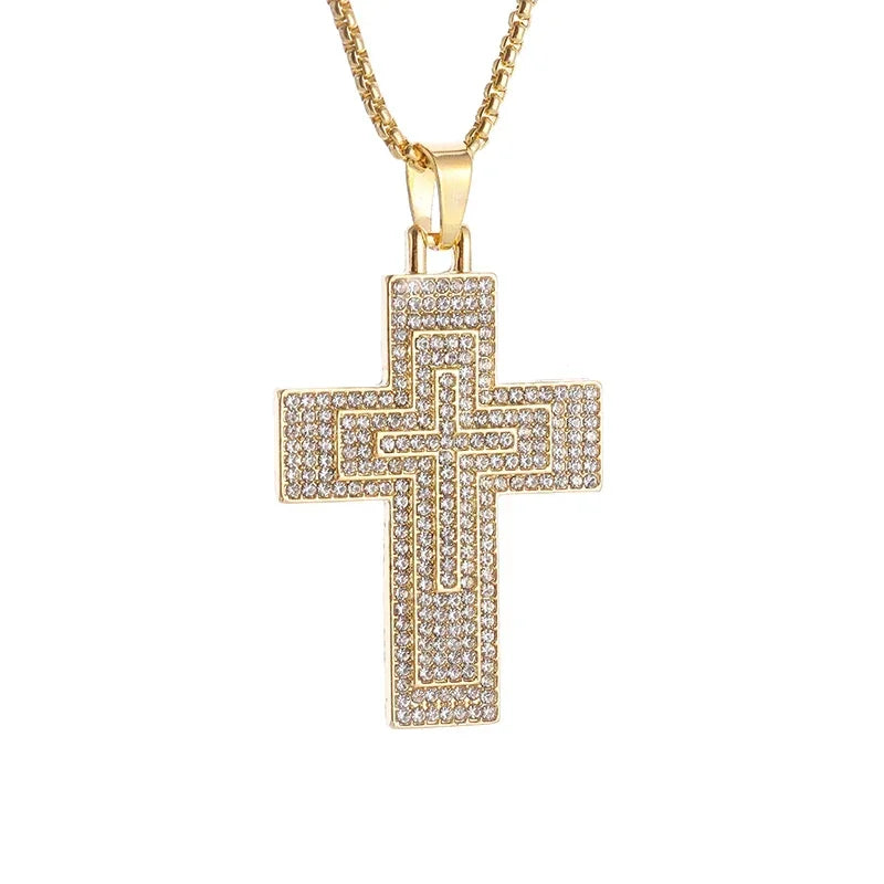 Shiny Ice Crystal Zircon Christian Cross Pendant Men and Women Hip Hop Trend Jewelry Catholic Amulet Necklace