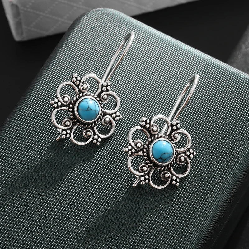 Beautifully Inlaid Blue Turquoise Flower Hypoallergenic Earrings for Women Stylish Elegant Banquet Jewelry