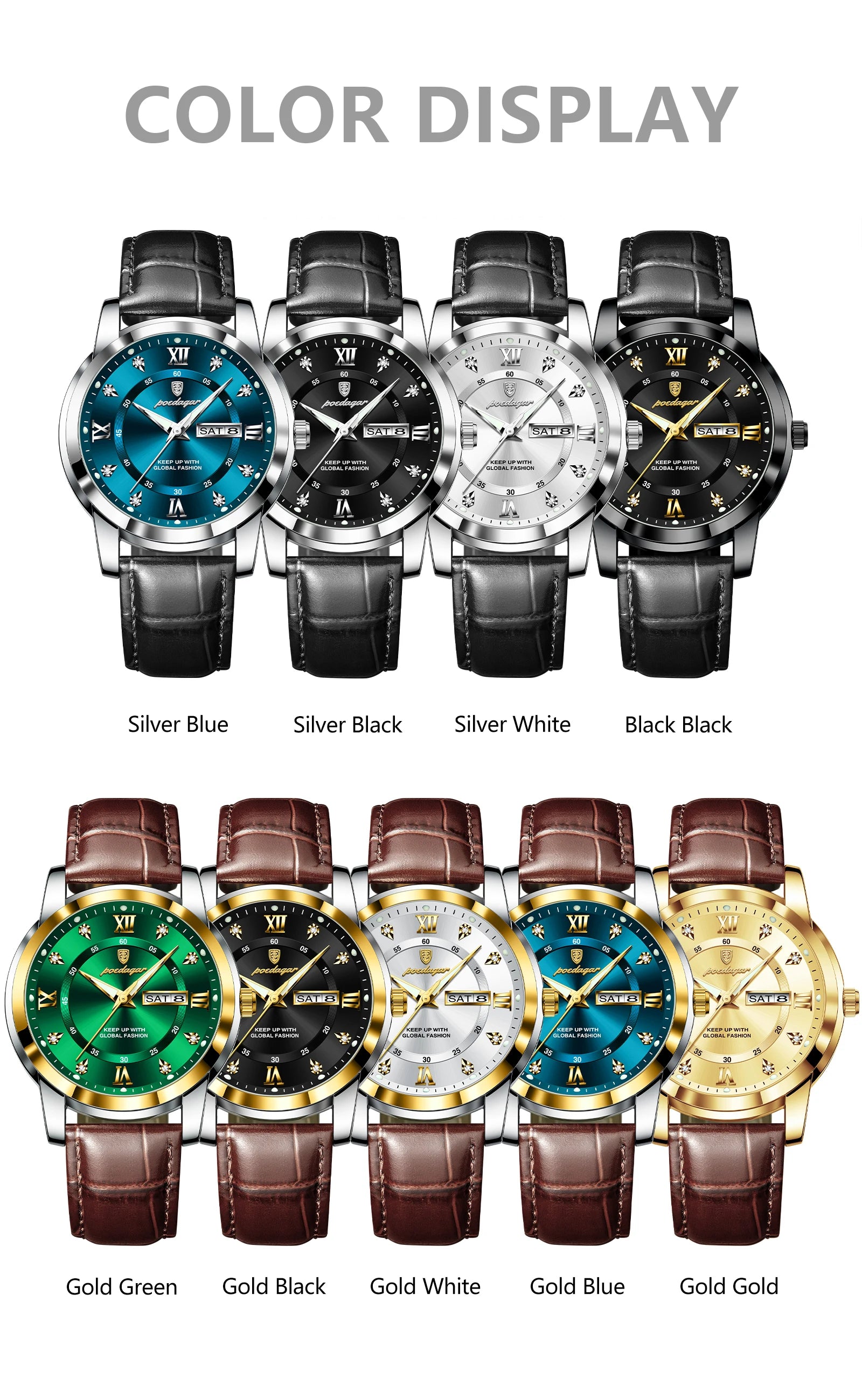 POEDAGAR Luxury Business Men Watch Waterproof Luminous Week Date Man Wristwatch High Quality Leather Sports Men's Quartz Watches