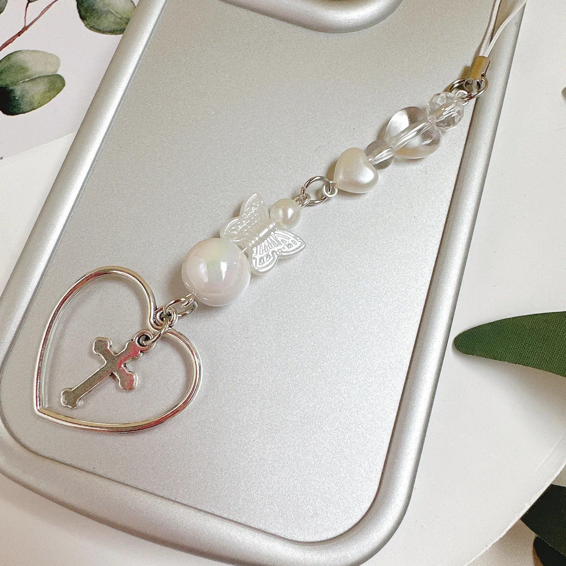 Candy Color Pearl Bowknot Phone Chain Sweet Bear Heart Pendant Earphone Case Anti-Lost Lanyard Bag Decor