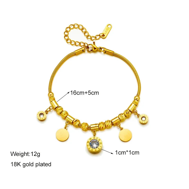 Stainless Steel Gold Color Roman Number Zircon Bracelet For Women Fashion Girls Charm Bracelets Party Jewelry Gifts