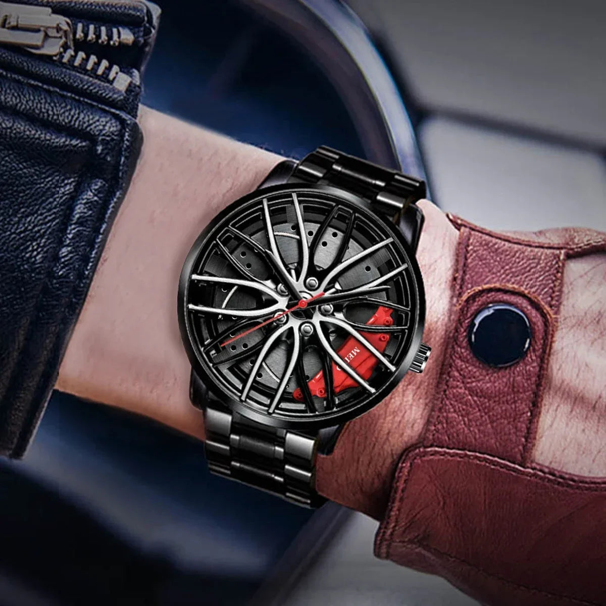 Car Watches for Men Stainless Steel Quartz Wrist Watch Sports Men Watches with Car Wheel Rim Hub Design Reloj Hombre