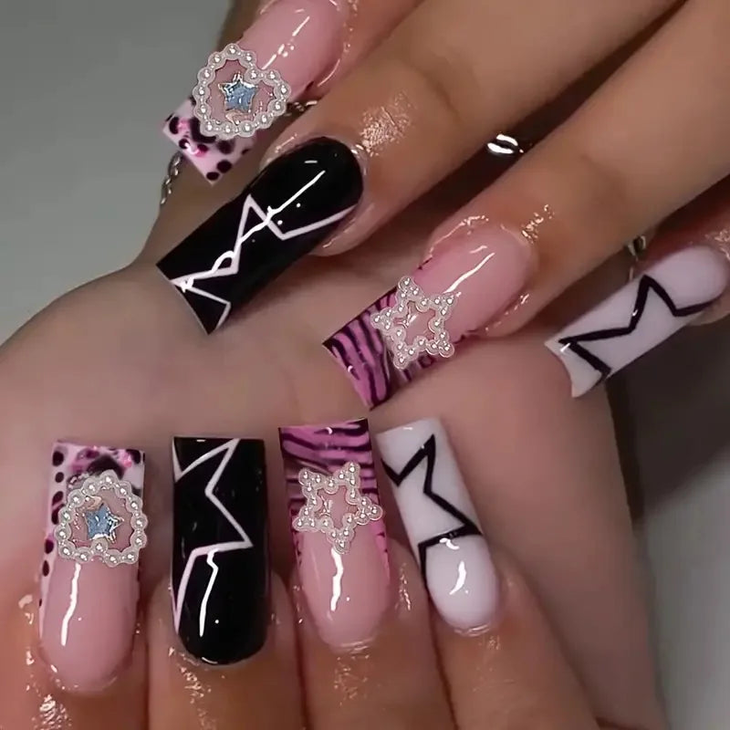 24Pcs Sweet Cool Spice Girl Press on Nails Black French Bow False Nails Y2k Star Glitter Diamond Nail Long Square Gel Fake Nails