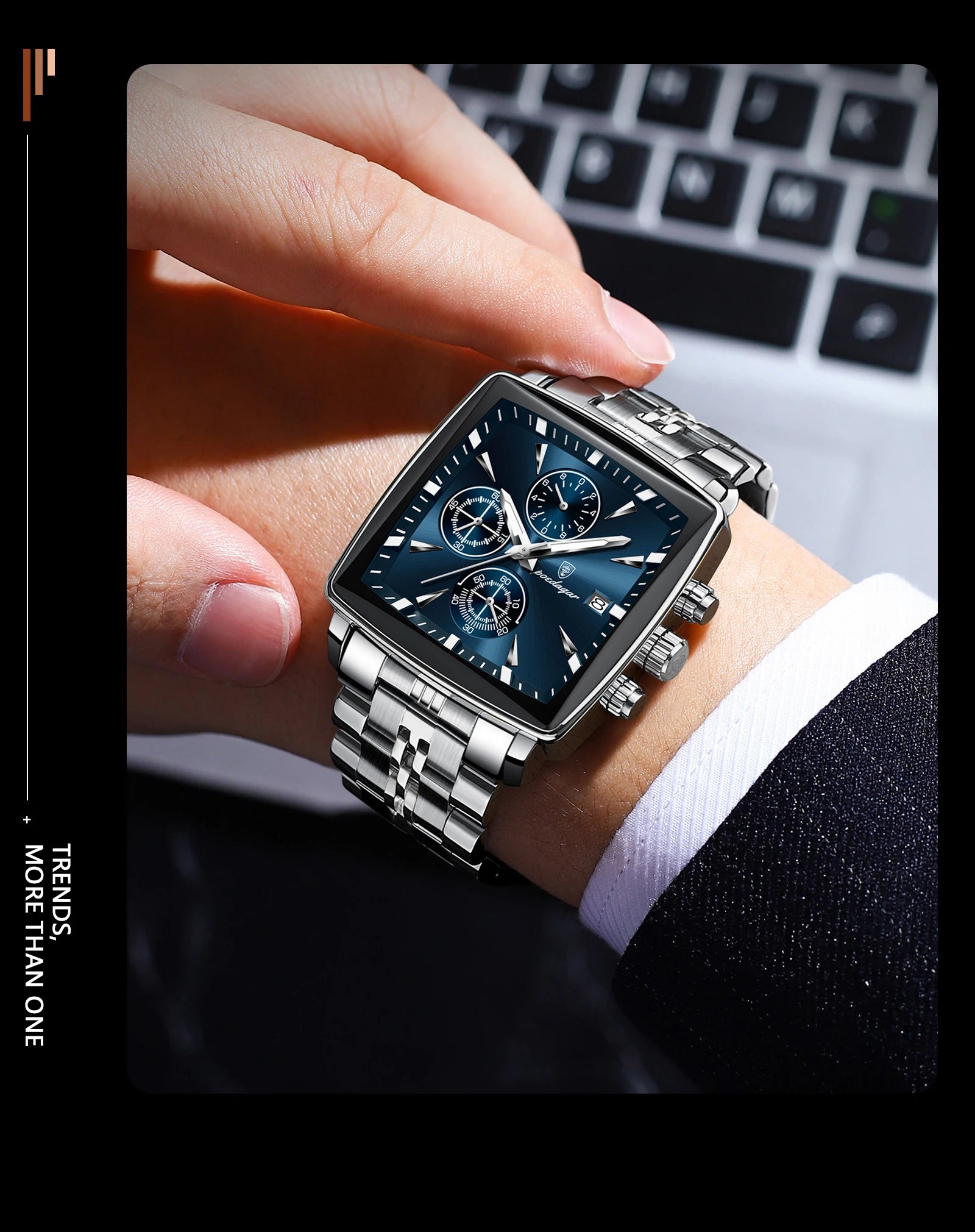 POEDAGAR Square Men Watch Waterproof Luminous Chronograph Calendar Man Wristwatch Stainless Steel Quartz Men's Watches+Box Reloj