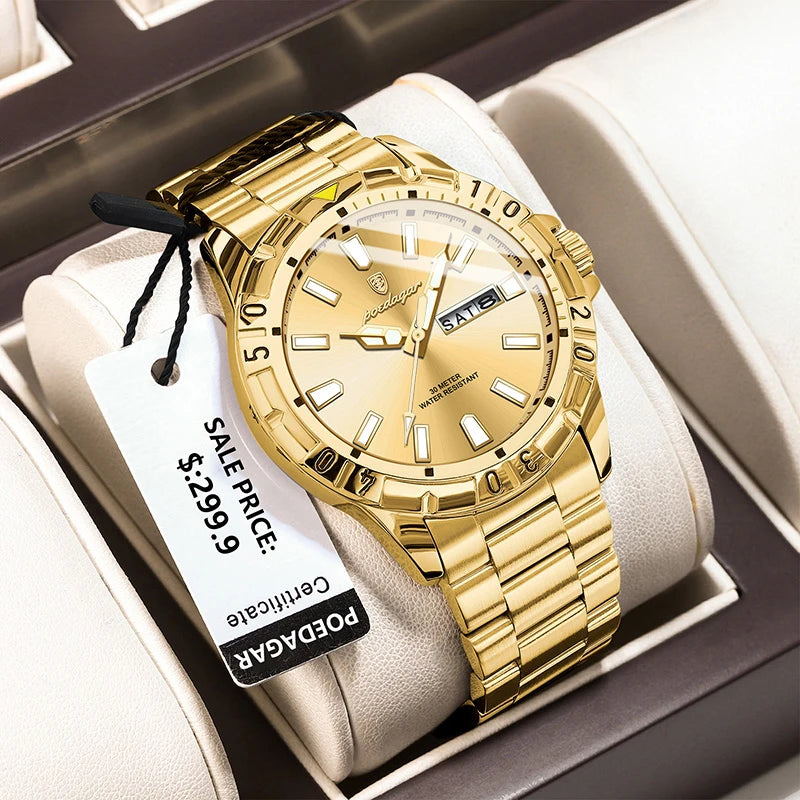 POEDAGAR Luxury Quartz Man Watch Waterproof Luminous Date Week Men Watch Military Stainless Steel Men's Watches Sport Male Clock