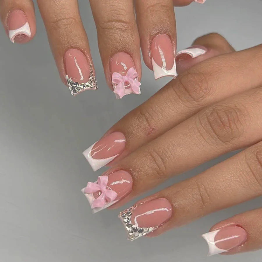 24pcs French Fake Nails with Glue Animal Print False Nails Short Square Press on Nails Diamond Cross Nail Press Ons Sweet Cool