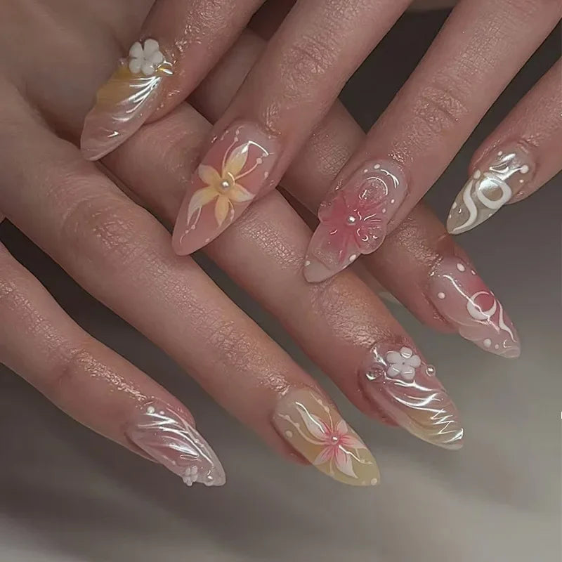 24Pcs Sweet Almond Nails Set Press On Nails Cute Mini Flower False Nail Floral Bow Diamond Full Cover Artificial Nails Art Tips