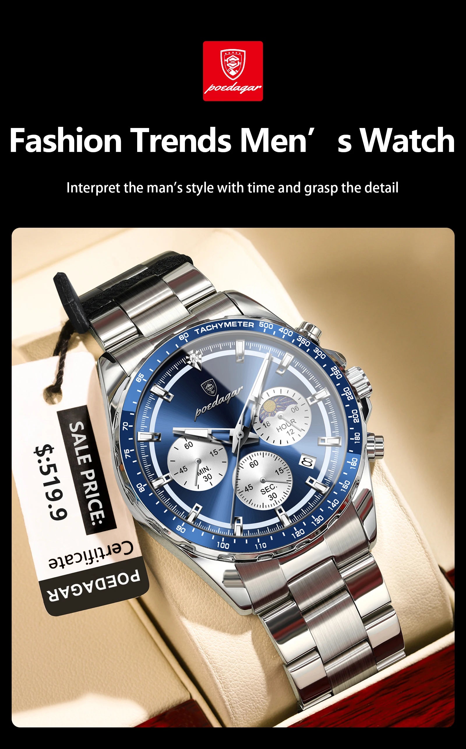 POEDAGAR Luxury Sport Watch For Men Waterproof Luminous Date Chronograph Man Wristwatch Stainless Steel Men's Quartz Watches+Box
