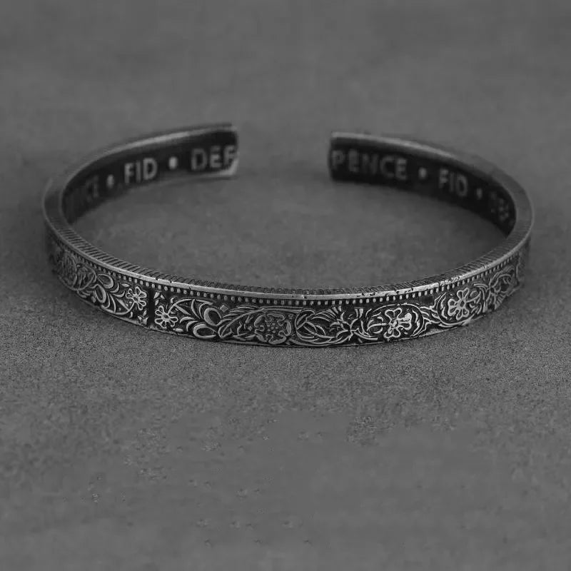 Silver-Plated Lucky Sixpence Pattern Letter Bracelet Men's Cuff Bangles Women's Trendy Charm Jewelry