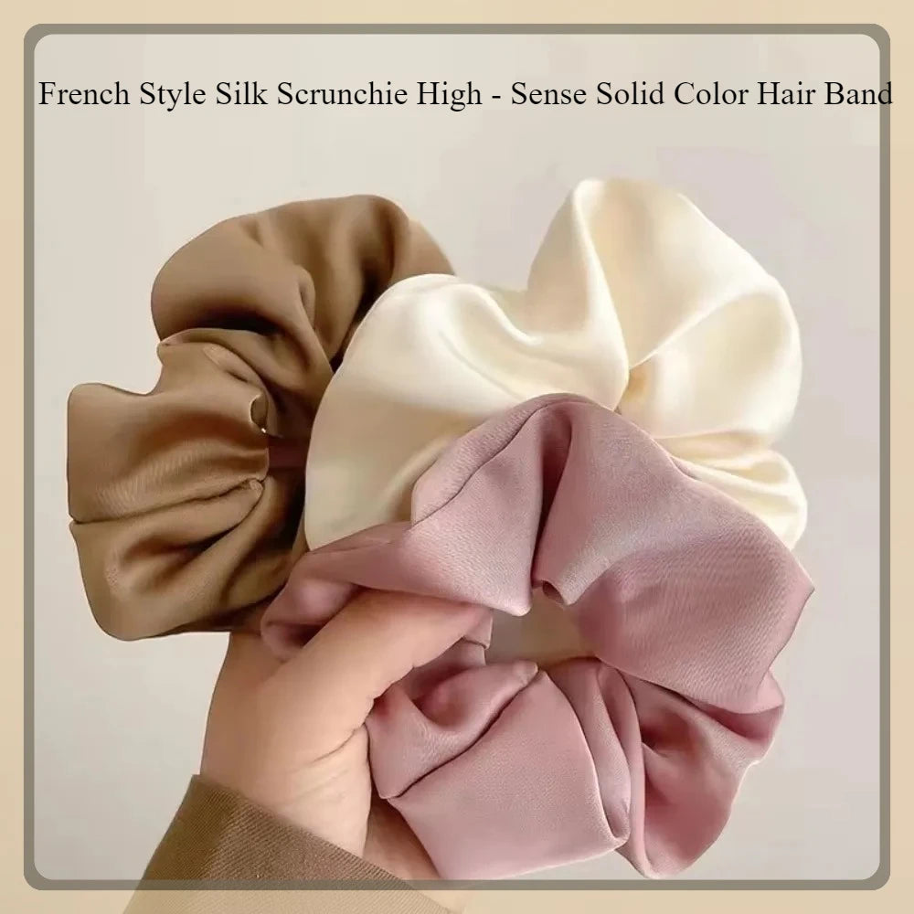 High-quality Silk Hair Scrunchie French Elegant Solid Color Hair Band Ladies Ponytail Holder for Party Fashion Hair Ties 실용도매