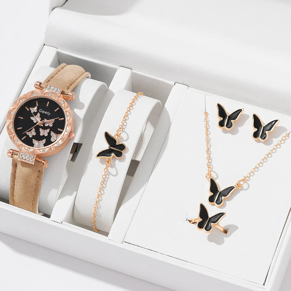 6pcs Luxury Watches Women's Ring Necklace Earrings Bracelet Set Watch Butterfly Leather strap Women's Quartz Watch No case