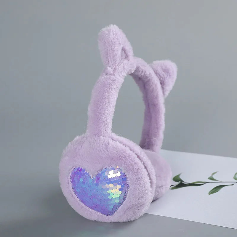 Child Cute Cat Ears Winter Warm Earmuffs Shiny Sequin Ear Soft Plush Earflaps for Kid Outdoor Ear Warmer Outdoor Cold Protection