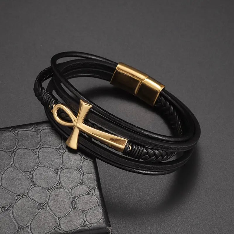 Vintage Hand Woven Eco-Friendly Leather Cross Bracelet with Magnetic Clasp Men\'s Fashion Pendant Religious Amulet Jewelry