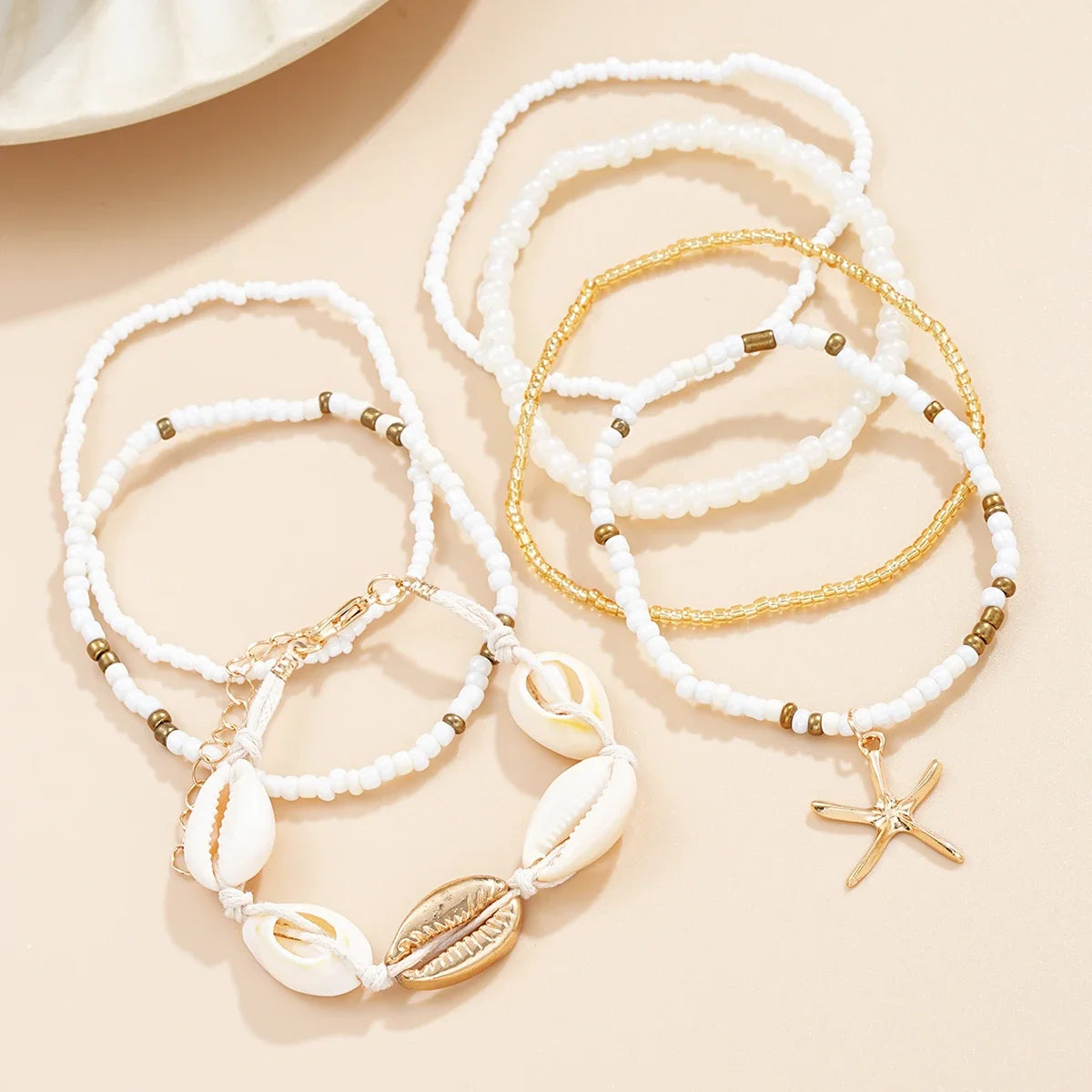 7PC/set Shell Starfish Pendant Rice Beads Beaded Women's Ankle Chain or Bracelet Summer Fashion Multi-layer Vintage Jewelry 도매