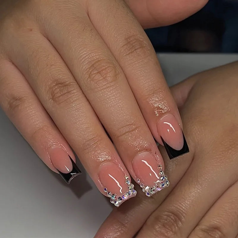 24pcs French Fake Nails with Glue Animal Print False Nails Short Square Press on Nails Diamond Cross Nail Press Ons Sweet Cool