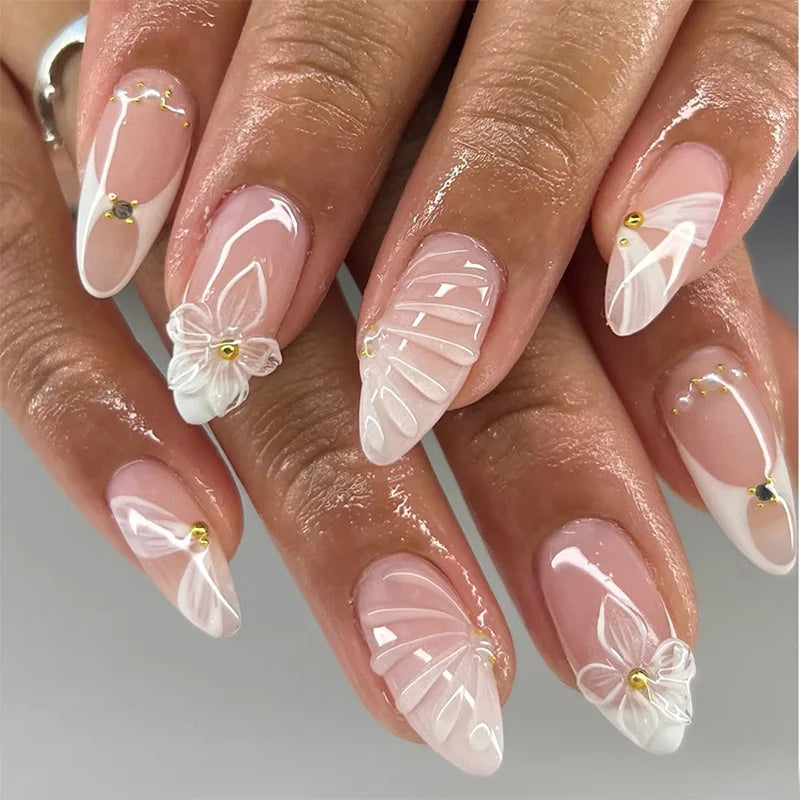 24pcs Mid-length Almond Press on Nails Sets Wearable Gradient Pink Flower Pearl Design False Nail French Fake Nail Finished Tips 1