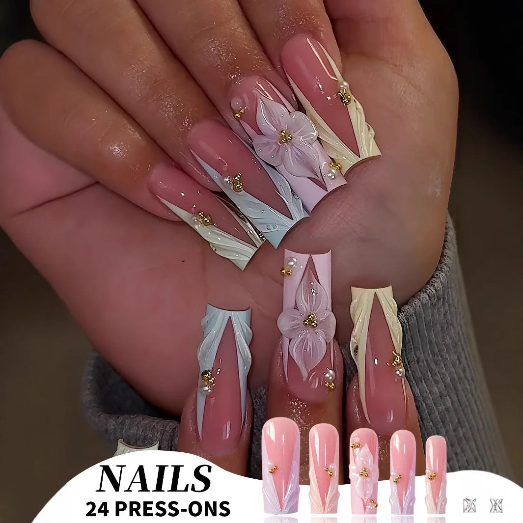 24Pcs Pure White French Press on Nails Long Square Head False Nails with Pearl Pink Bow Design Ballet Wearable Fake Nails