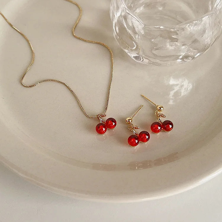Wine Red Cherry Gold Color Pendant Necklace Earrings set For Women Personality Fashion Necklace Wedding Jewelry Birthday Gifts