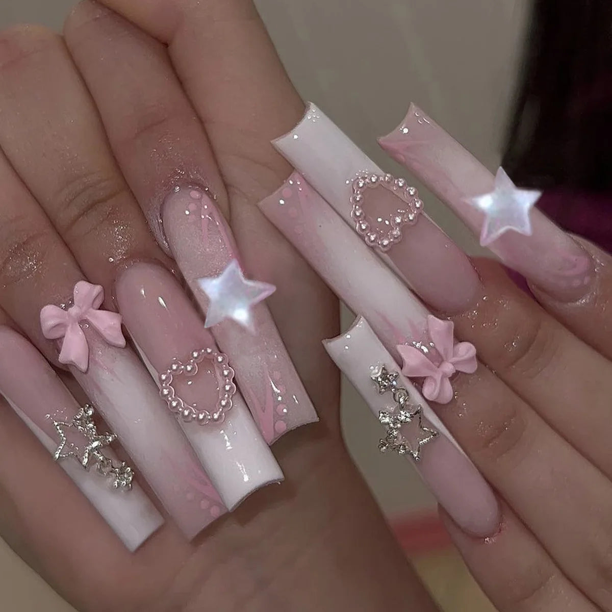 24Pcs Sweet Cool Spice Girl Press on Nails Black French Bow False Nails Y2k Star Glitter Diamond Nail Long Square Gel Fake Nails