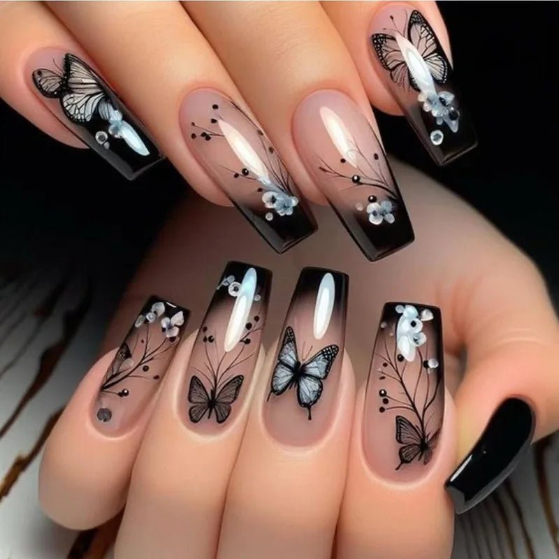 24Pcs Sweet Cool Coffin Fake Nails Butterfly Flower Acrylic Nail Glitter Glossy False Nail Full Cover Autumn Press on Nails Tips