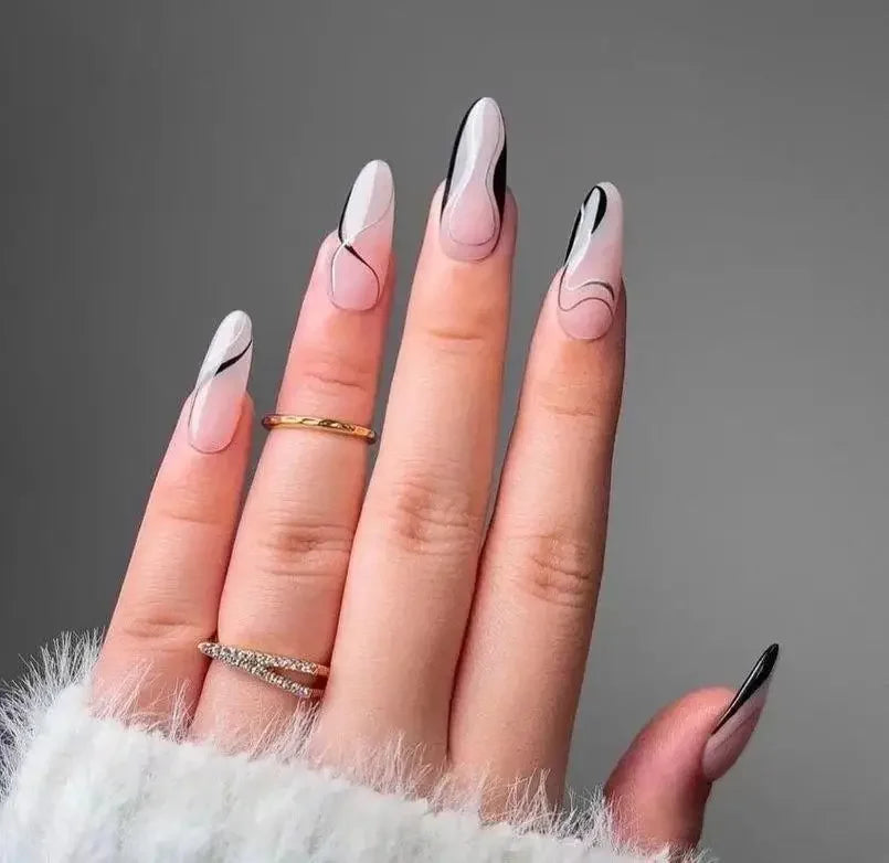 24pcs winter fall leaves brown black false nails with almond French artificial nails with glue short stiletto fake press on nail