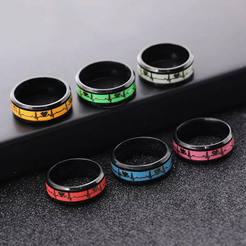 Fashion Love Heart Glow Rings Luminous Titanium Steel Teenager Heartbeat Fluorescence Couple Rings for Boys Girls Gifts