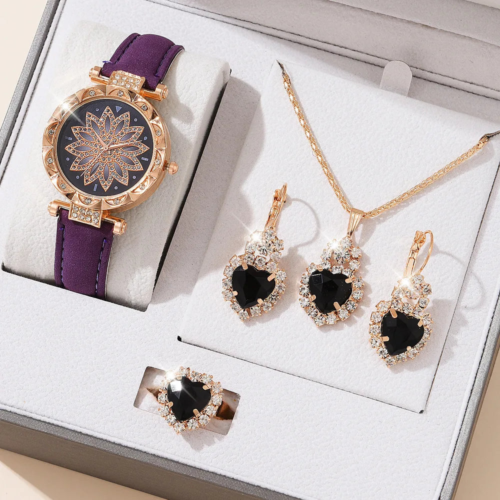 Ladies Watch 5pcs Set Watches for Women Leather Band Simple Casual Women's Analog WristWatch Bracelet Gift Montre Femme (No Box)