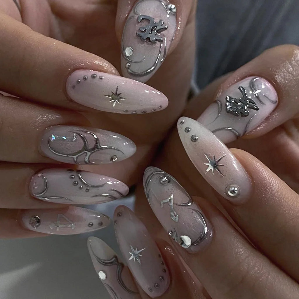24pc Sweet Cool Hot Girl False Nail with glue Wearable black y2k pink diamond fake nails with designs press on nails Art Almond