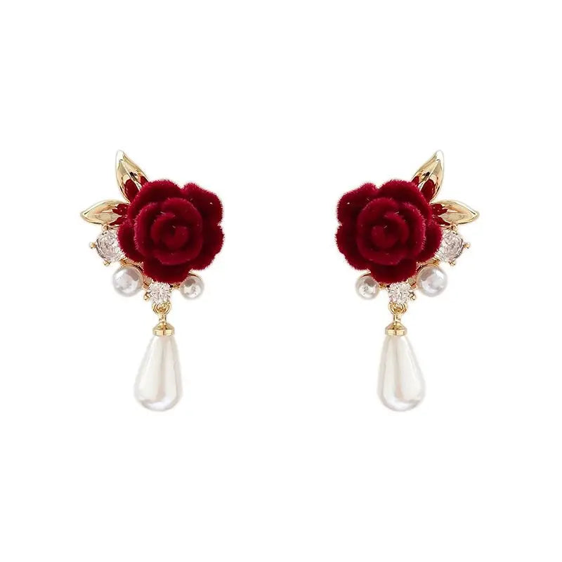 New Wine Red Velvet Rose Pearl Earrings for Women Vintage Red Rose Elegant High-end Studs Earrings Jewelry Accessories серьги