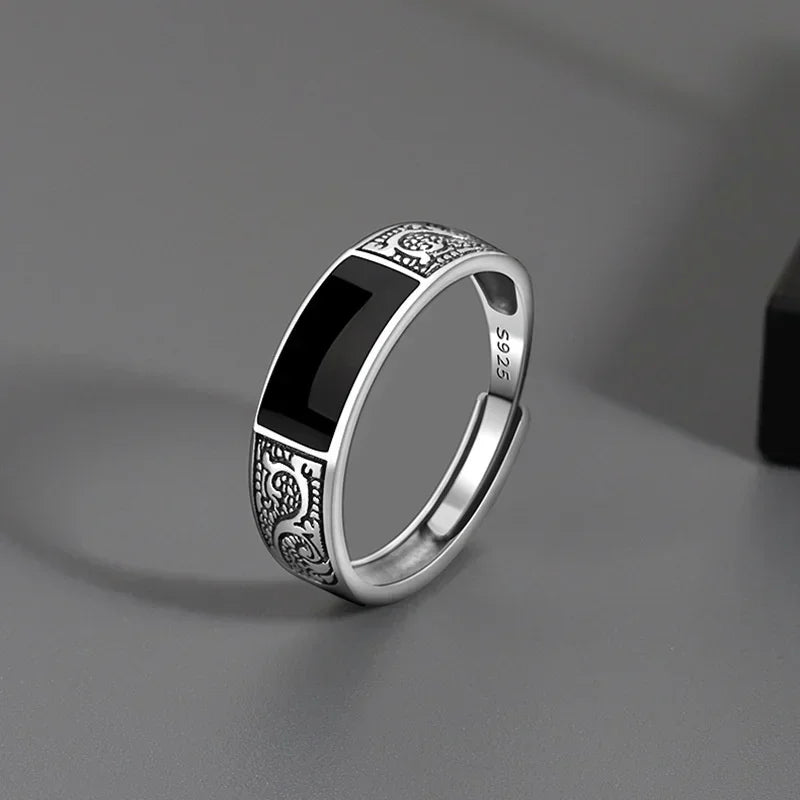 Trendy Vintage 925 Silver Ring for Men Jewelry Black Rectangle Retro Dragon Pattern Ring Male Rings Adjustable