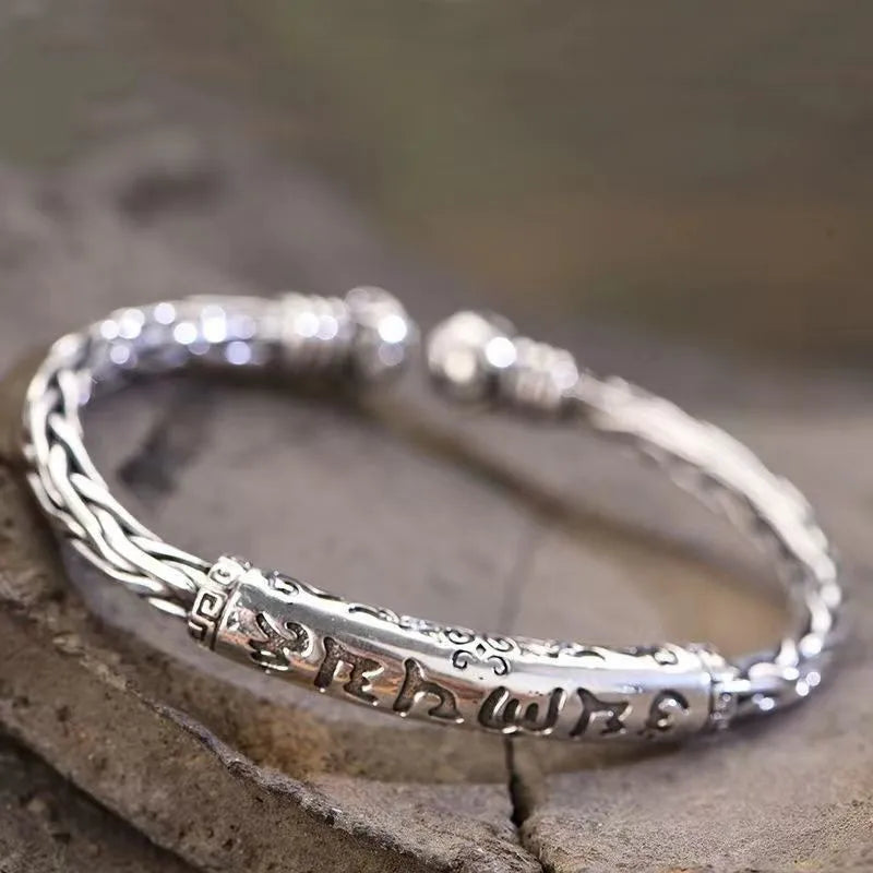 Retro Pattern Sanskrit Opening Bracelet Buddhist Six-Character Mantra Twist Cuff Bangles Men and Women Fashion Jewelry Gift