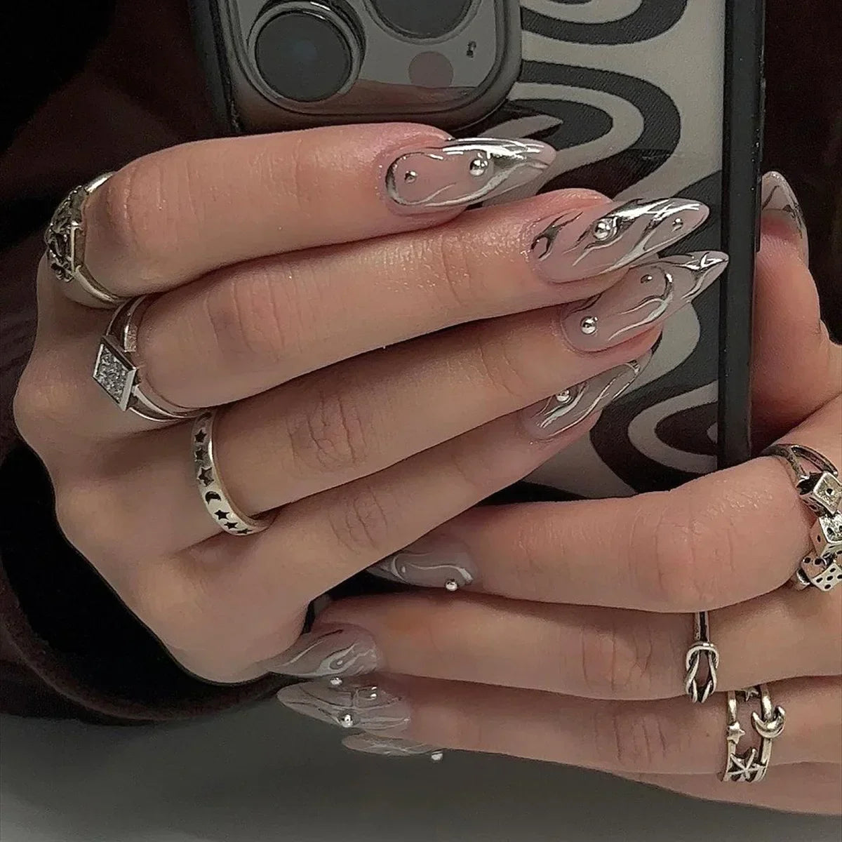 24pc Sweet Cool Hot Girl False Nail with glue Wearable black y2k pink diamond fake nails with designs press on nails Art Almond