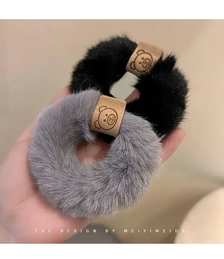 Autumn and Winter Plush Cute Bear Towel Ring Hair Tie Korean Style Hair Accessories Headband Thick High Elastic Hair Rope