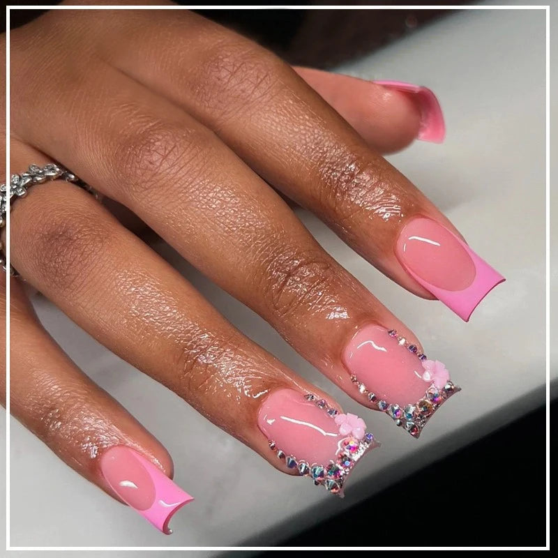 24pcs French Fake Nails with Glue Animal Print False Nails Short Square Press on Nails Diamond Cross Nail Press Ons Sweet Cool